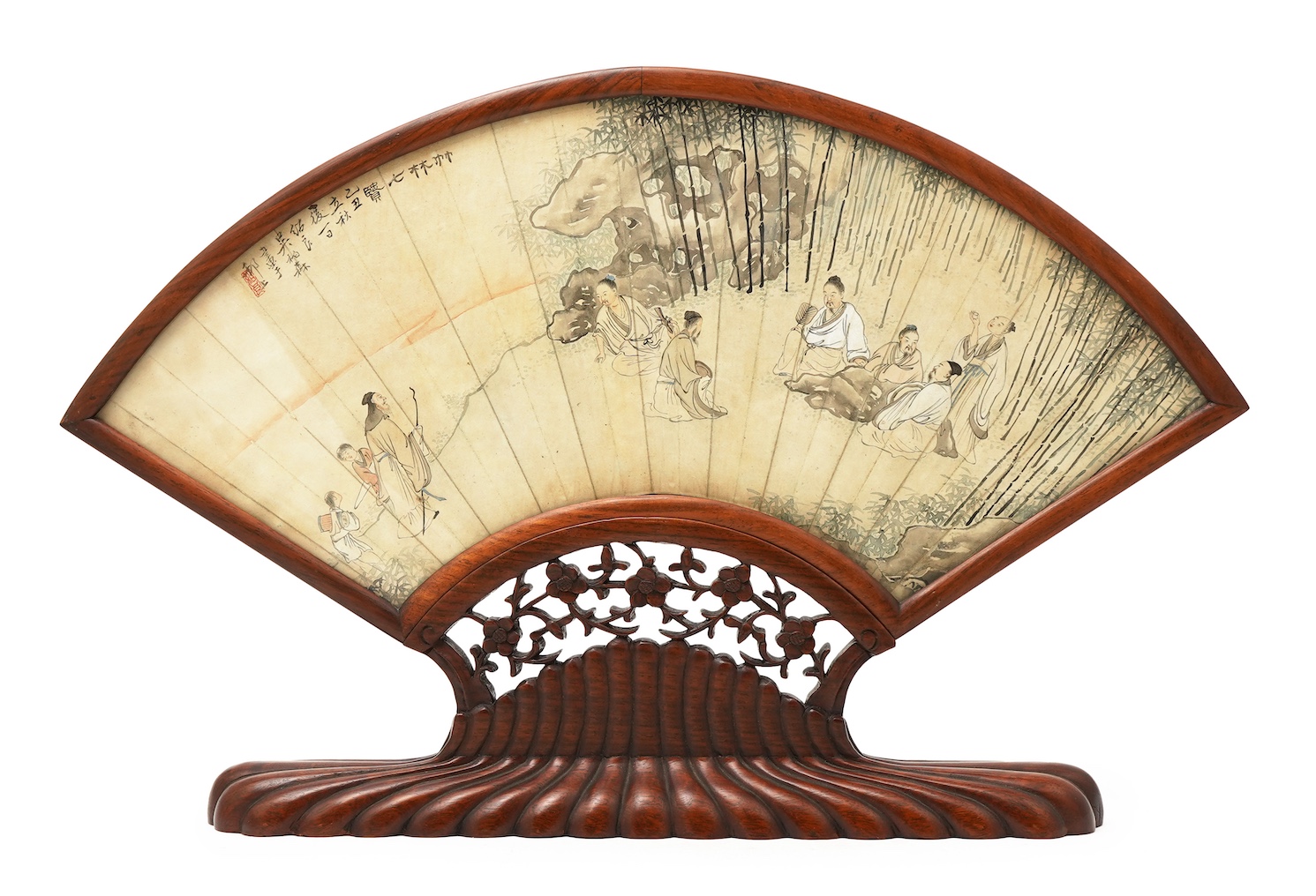 A Chinese painted paper fan leaf, 19th century, with hongmu frame and stand, early 20th century